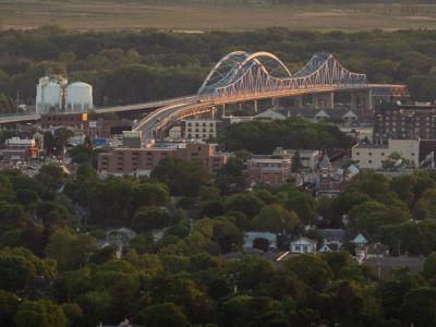 Looking out at La Crosse from Grandad Bluff at sunset.